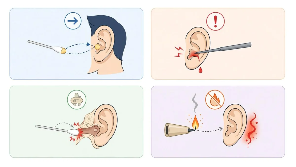 Minh họa các cách tự lấy ráy tai có thể gây tổn thương