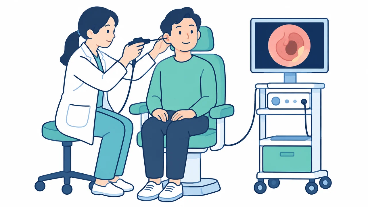 Bác sĩ soi tai bằng ống nội soi, hình ống tai hiện trên màn hình