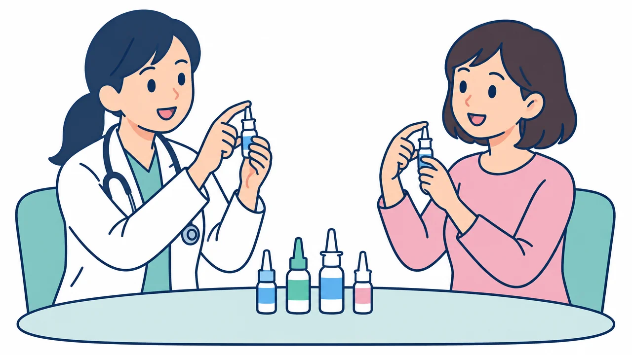 Bác sĩ hướng dẫn người bệnh cách cầm và dùng chai xịt mũi
